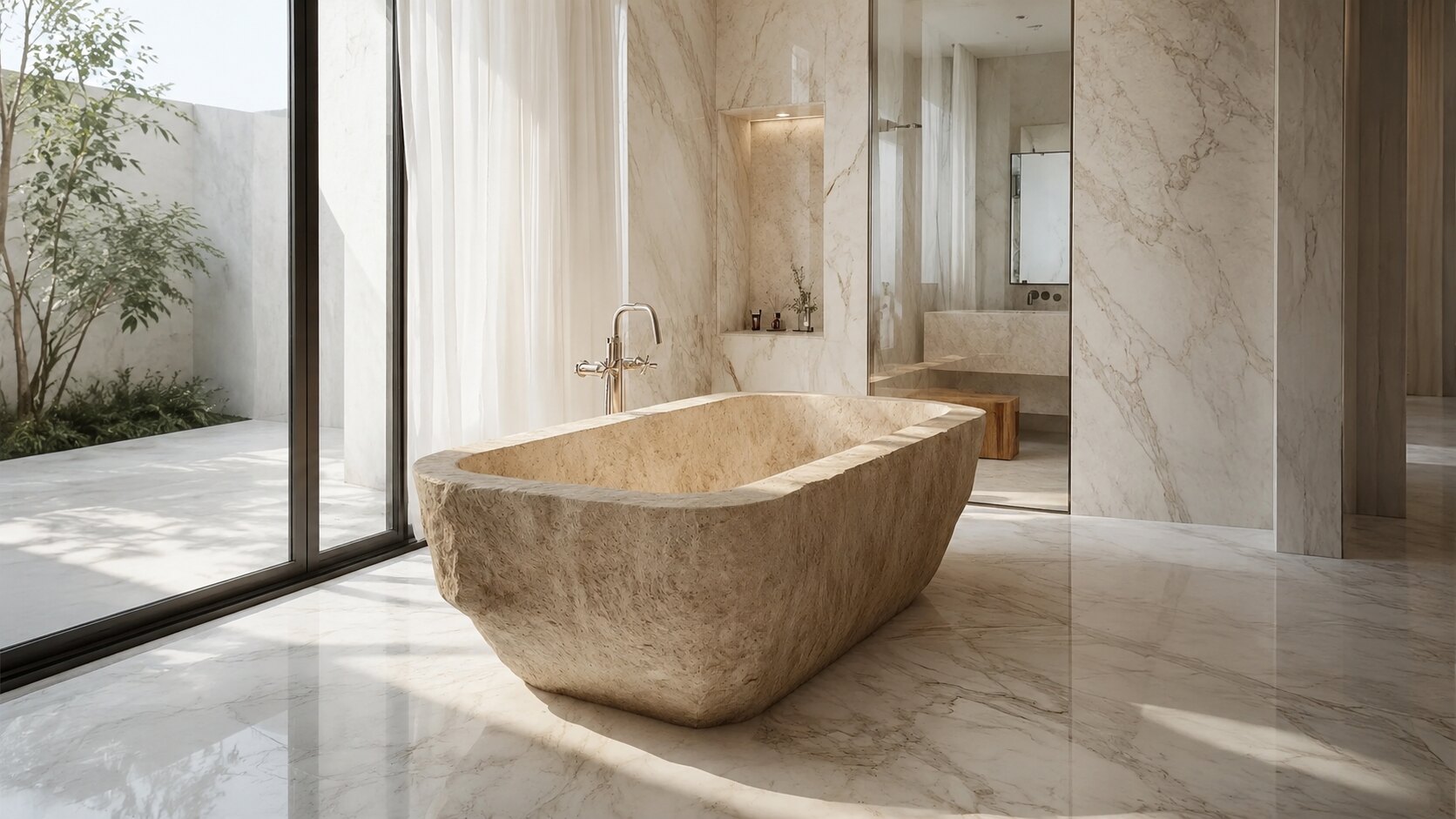 A McMullen's-sourced marble bath interior with custom stone tub