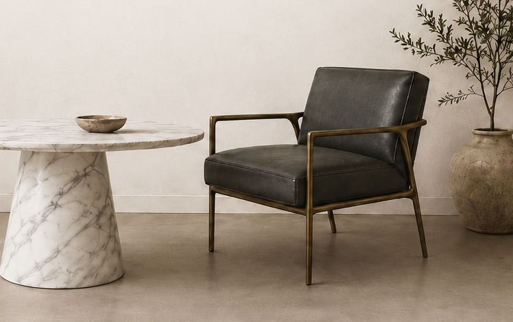A McMullen's-sourced interior — leather lounge chair, marble table, brass